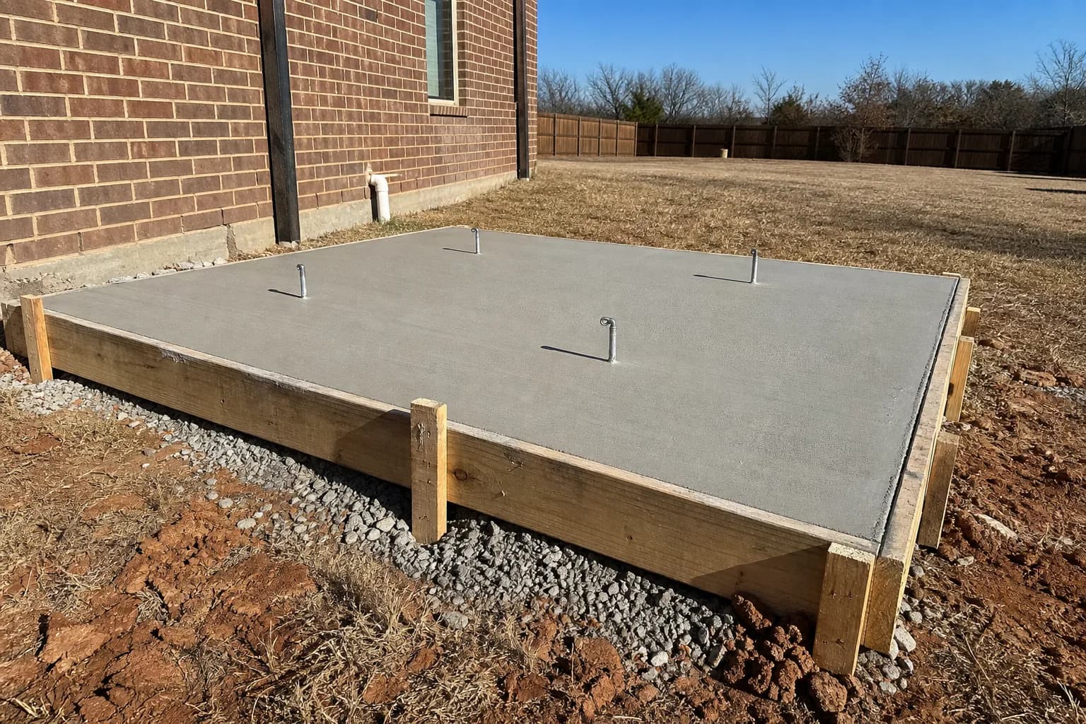 Fresh concrete equipment pad with anchor bolts beside a brick house